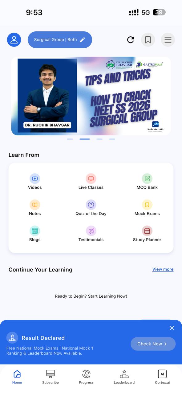 Sushruta LGS App Home Screen — Videos, Live Classes, MCQ Bank, Notes, Mock Exams, Study Planner